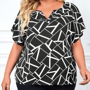 GEOMETRIC PRINT NOTCHED NECKLINE BLOUSE